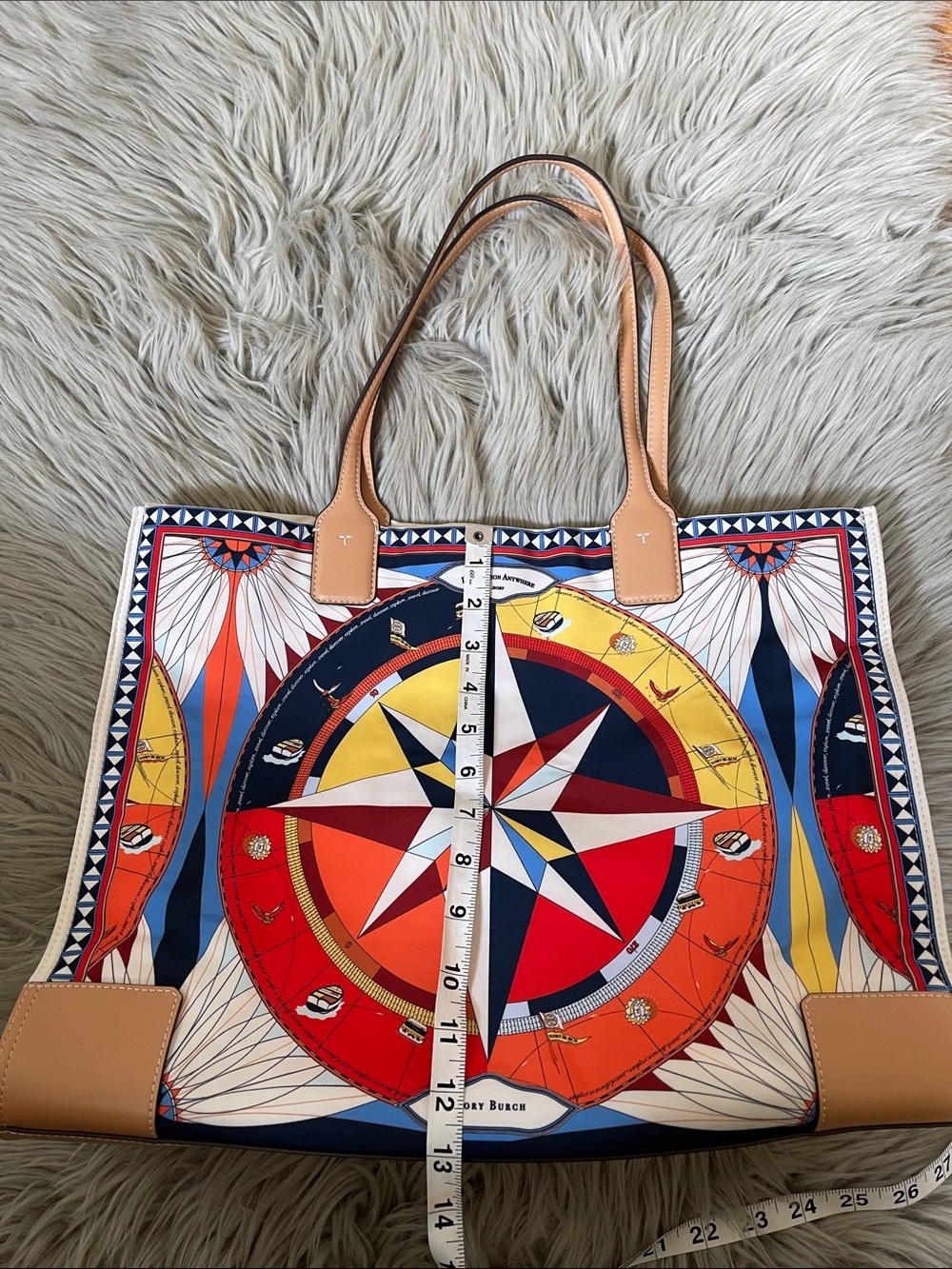 Tory Burch Multicolor Compass Graphic Tote with Tan Leather Handles - Picture 12 of 13